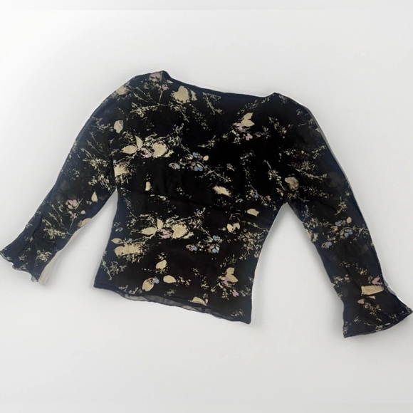 Ann Taylor Black Silk Wrap Blouse Romantic Witchy Floral Sheer Sleeves S - Picture 3 of 10